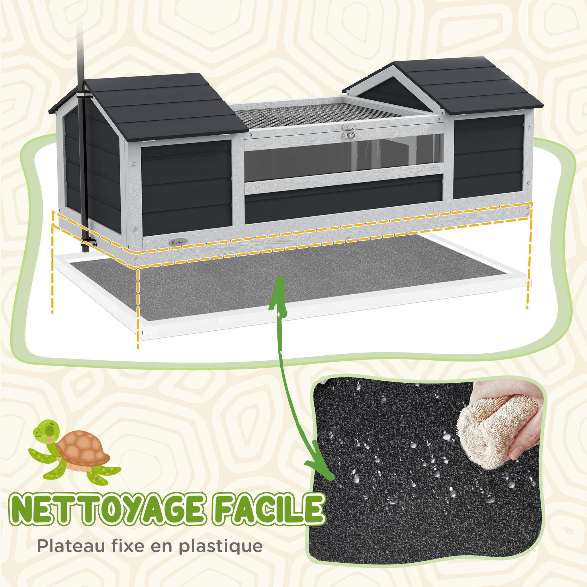 Voir la diapositive 6 : PAWHUT Maison tortue terrestre extérieure - enclos tortue 2 niches, support lampe réglable, toit ouvrable - acrylique bois gris