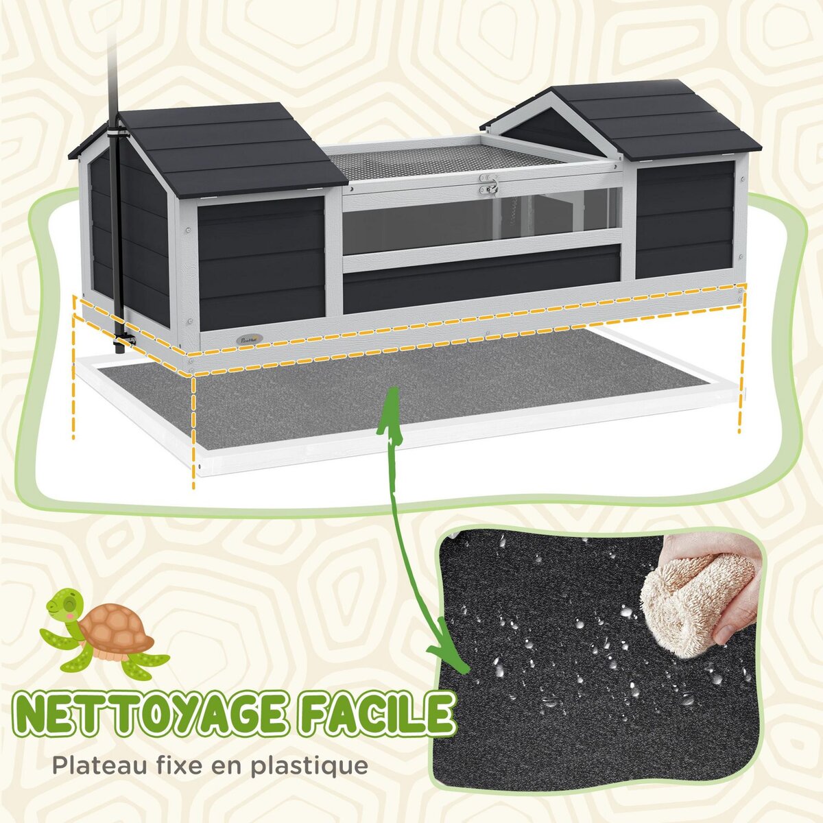 PAWHUT Maison tortue terrestre extérieure - enclos tortue 2 niches, support lampe réglable, toit ouvrable - acrylique bois gris