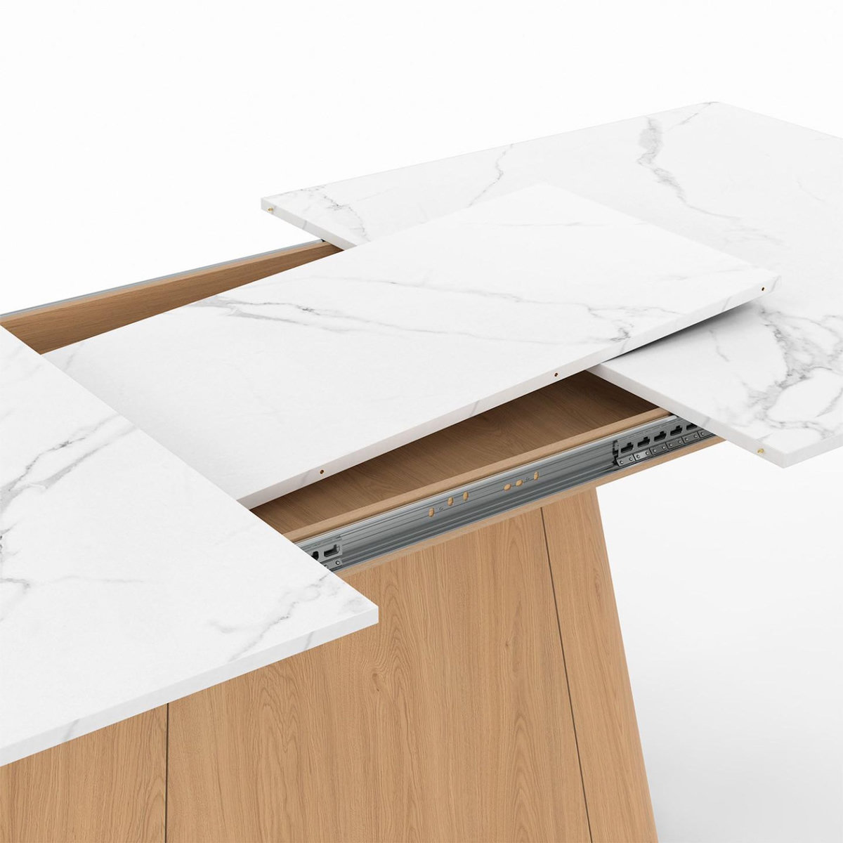 ID MARKET Table à manger extensible rectangle RHONDA 6-10 personnes plateau marbre blanc ALASKA et bois façon hêtre 160-200 cm