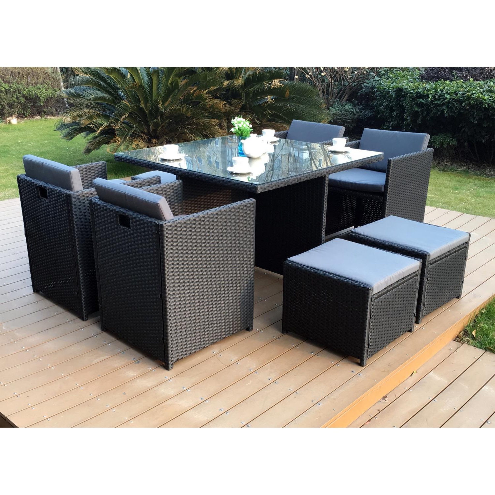 Voir la diapositive 2 : CONCEPT USINE Salon de jardin 8 places noir-gris + housse de protection miami