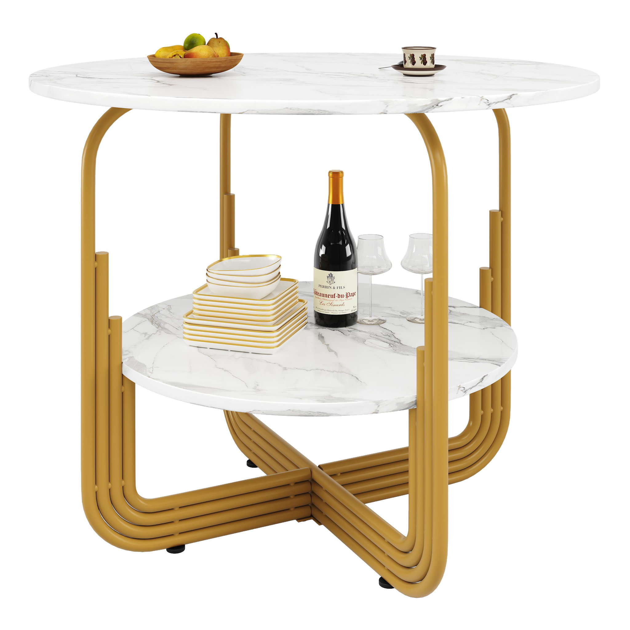 MERAX Table à manger ronde fixe blanc+doré - 80x80-80max.cm mdf
