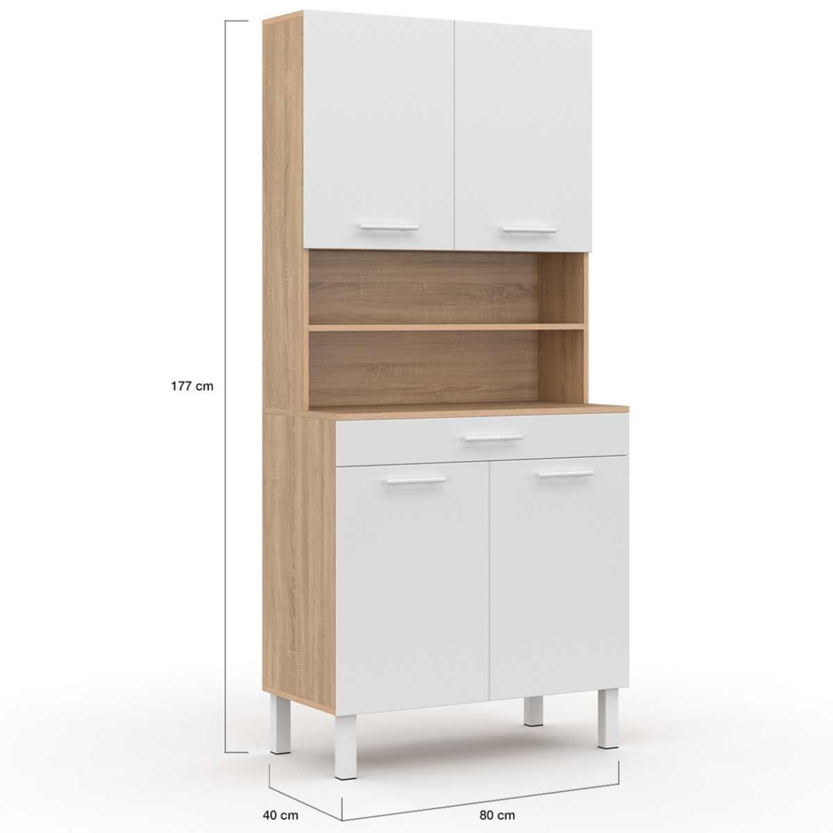 ID MARKET Buffet de cuisine 80 CM CINA 4 portes + tiroir façon hêtre et blanc