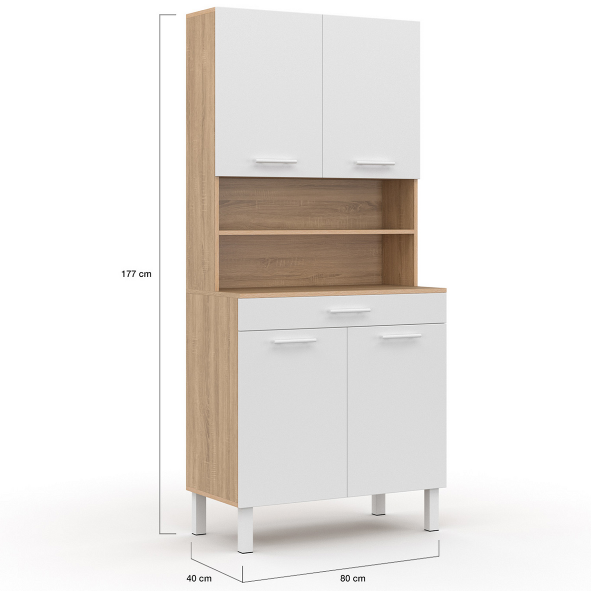 ID MARKET Buffet de cuisine 80 CM CINA 4 portes + tiroir façon hêtre et blanc