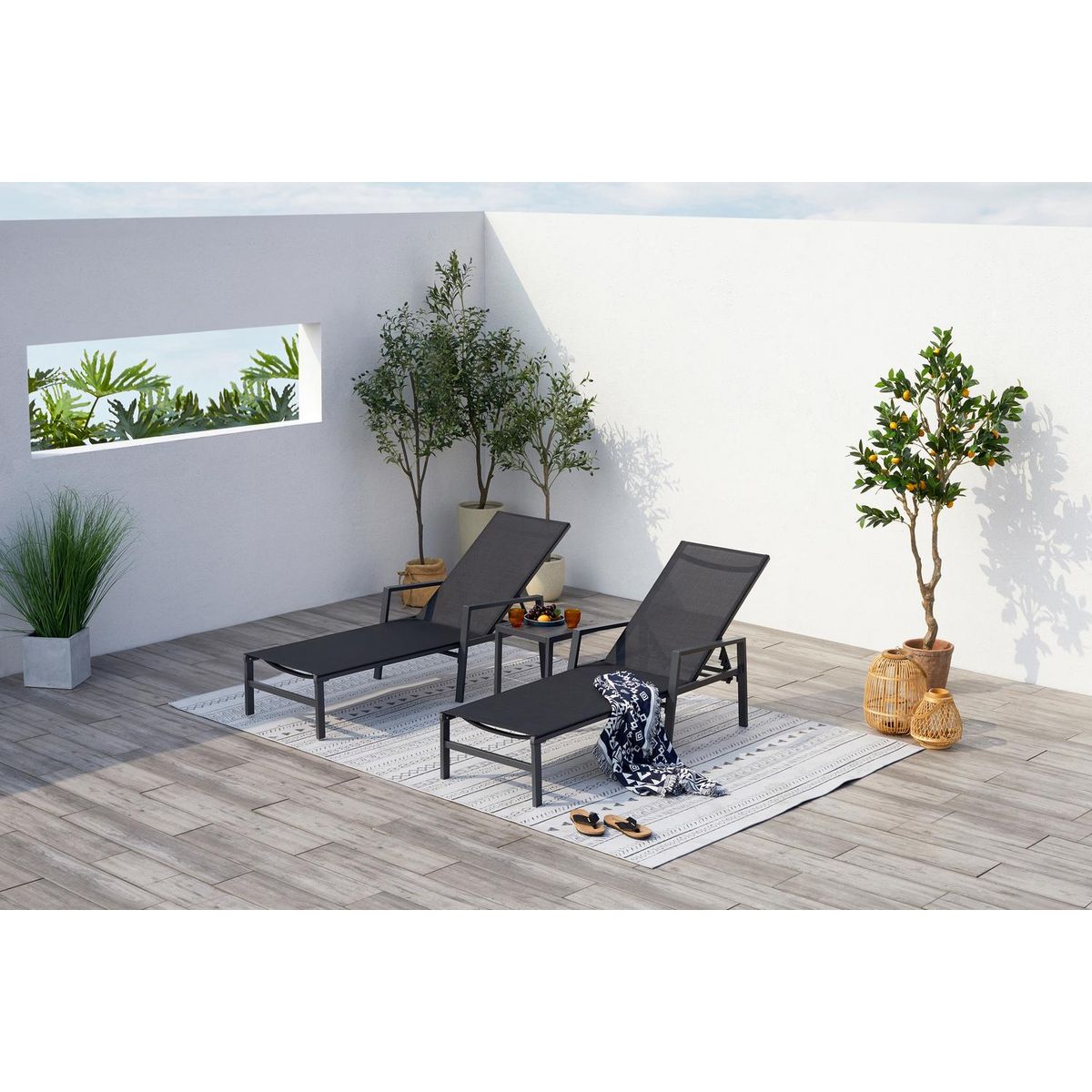 CONCEPT USINE Lot de 2 transats et une table d'appoint noir BARI