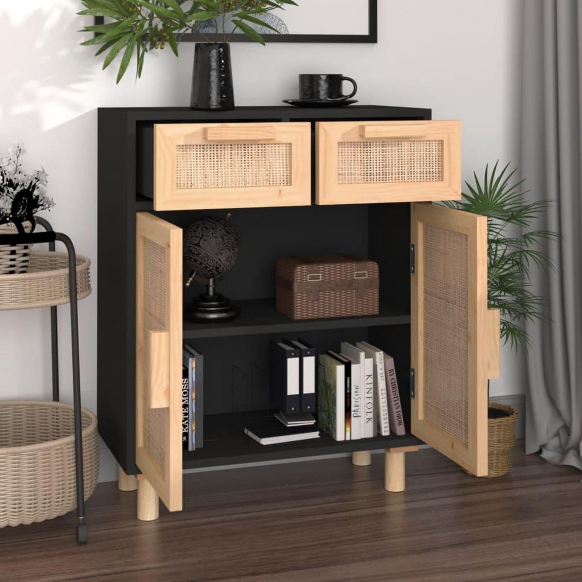 VIDAXL Buffet Noir 60x30x75 cm Bois de pin massif et rotin naturel