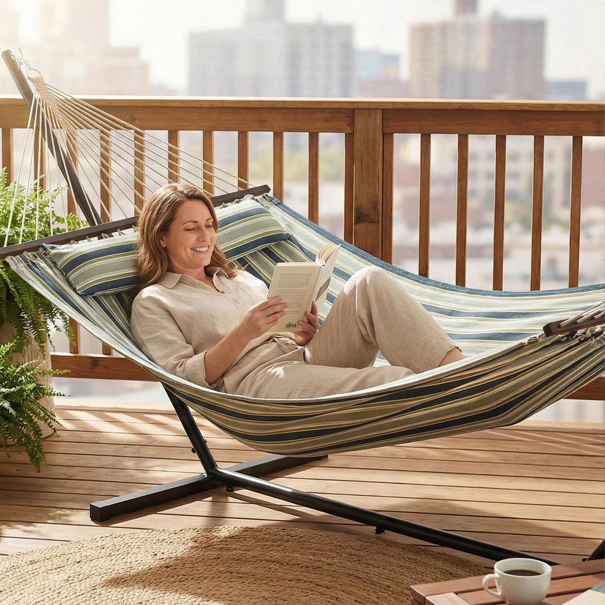 OUTSUNNY Hamac avec support coussin amovible acier polyester vert