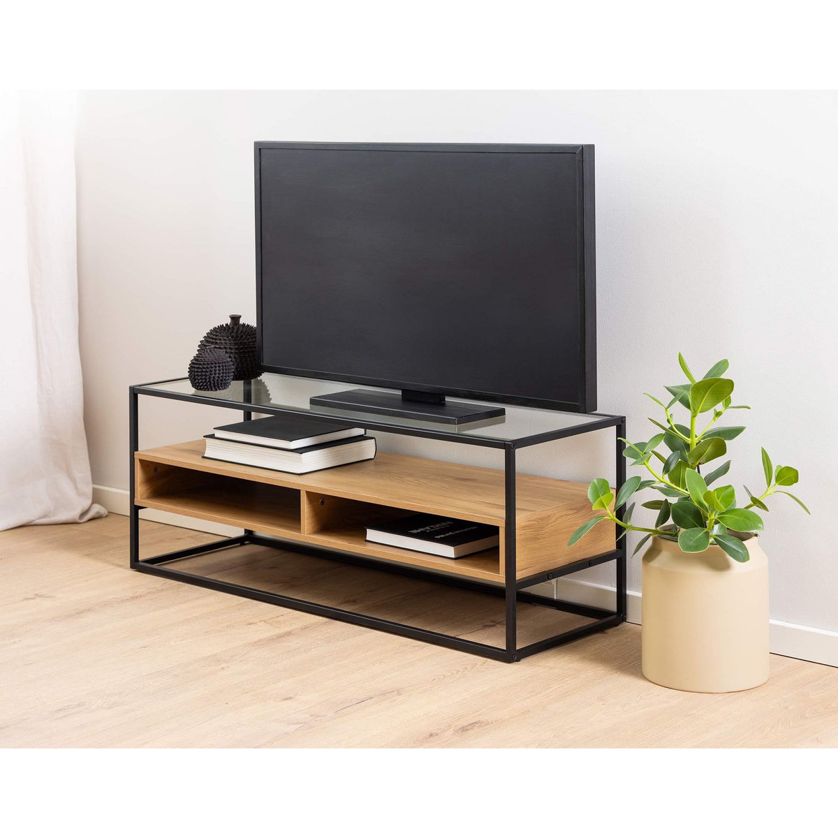 LISA DESIGN Parker - meuble tv - effet bois, verre et métal noir - 2 niches - 120 cm