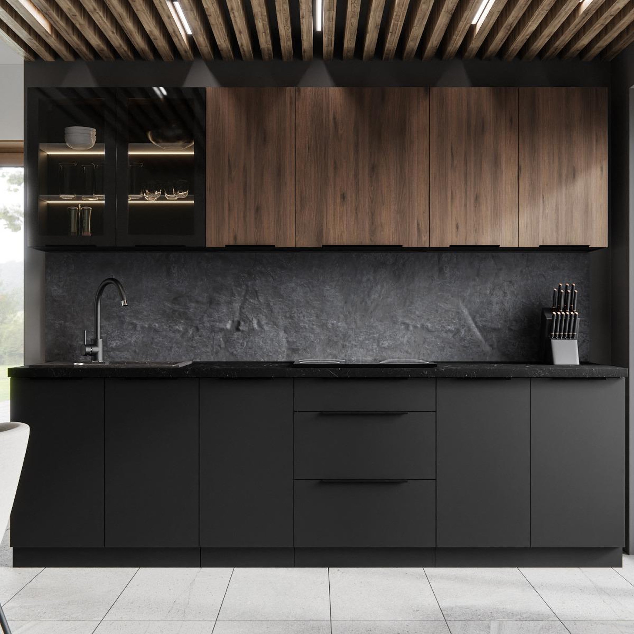 Voir la diapositive 2 : JLC KREATION Cuisine complète moderne noir et bois 260cm mao