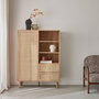 Voir la diapositive 2 : SWEEEK Buffet de rangement cannage et décor bois. buffet haut. vaisselier. 1 porte. 2 tiroirs. 6 étagères