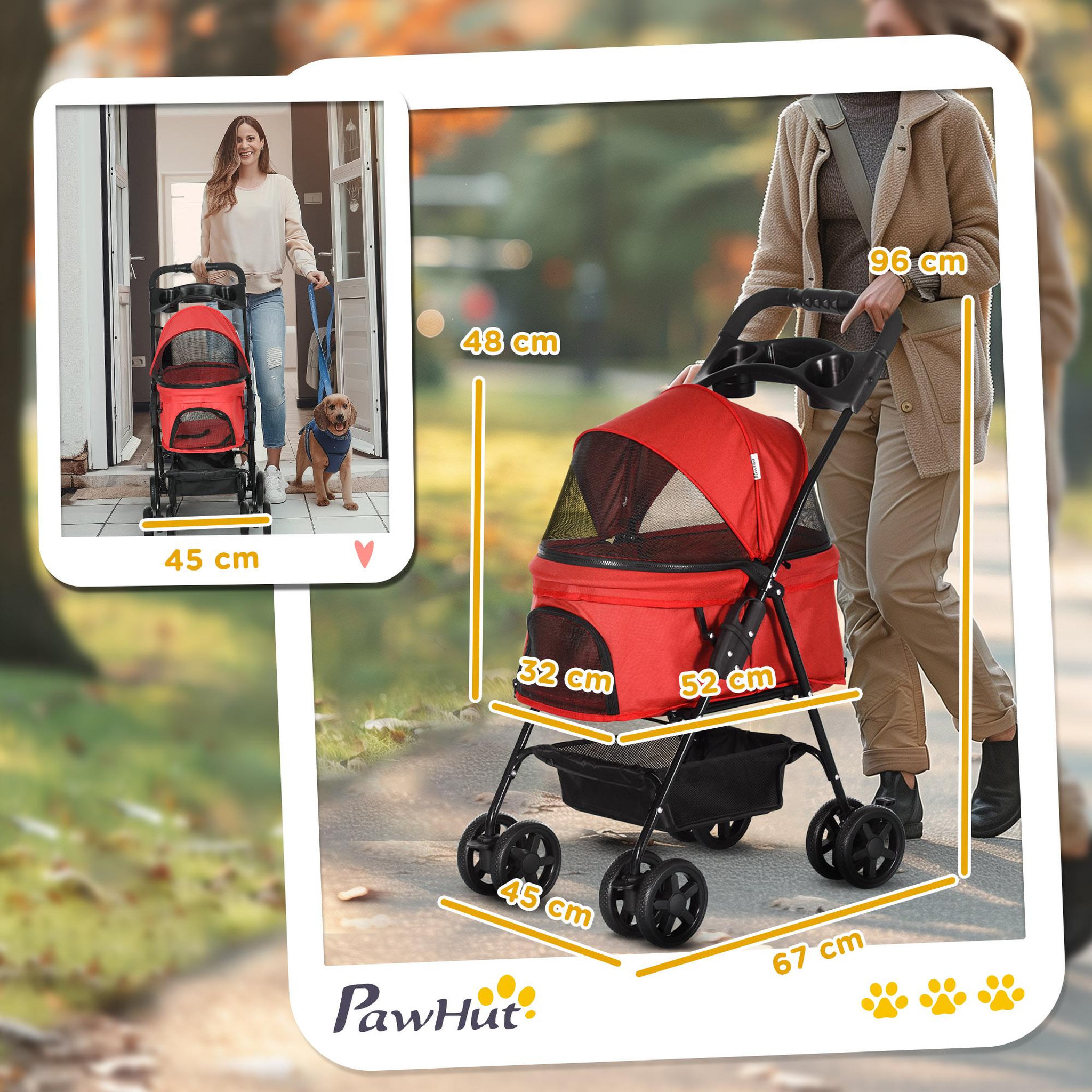 Voir la diapositive 3 : PAWHUT Poussette buggy pliable chien chat panier rangement porte-gobelets tissu 300d oxford imperméable 4 roues rouge
