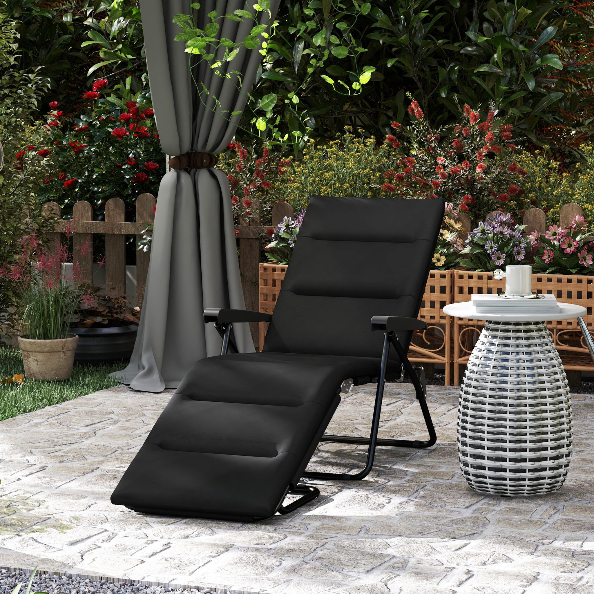 Voir la diapositive 2 : OUTSUNNY Bain de soleil pliable transat inclinable 6 positions grand confort avec matelas + accoudoirs acier polyester noir
