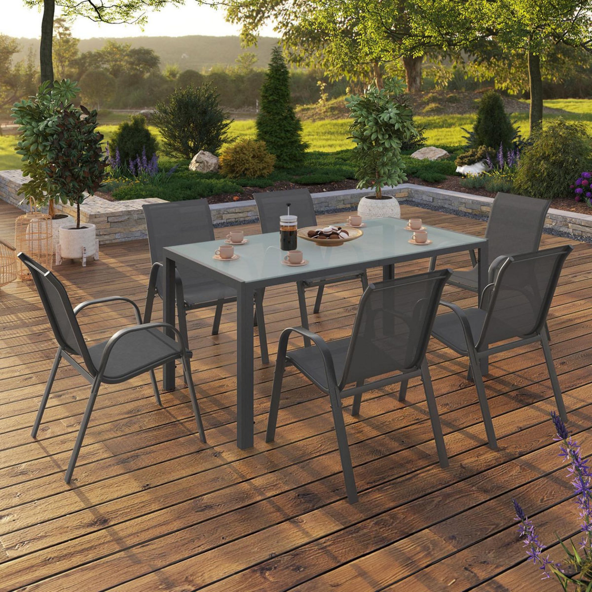 ID MARKET Salon de jardin MADRID table 150 CM et 6 chaises empilables gris anthracite plateau clair