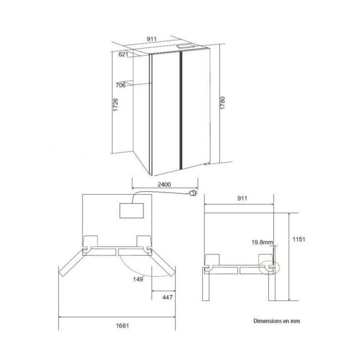 CONTINENTAL EDISON Réfrigérateur américain 556L - Total No Frost - distributeur d'eau et de glaçons - Classe E -moteur inverter - noir
