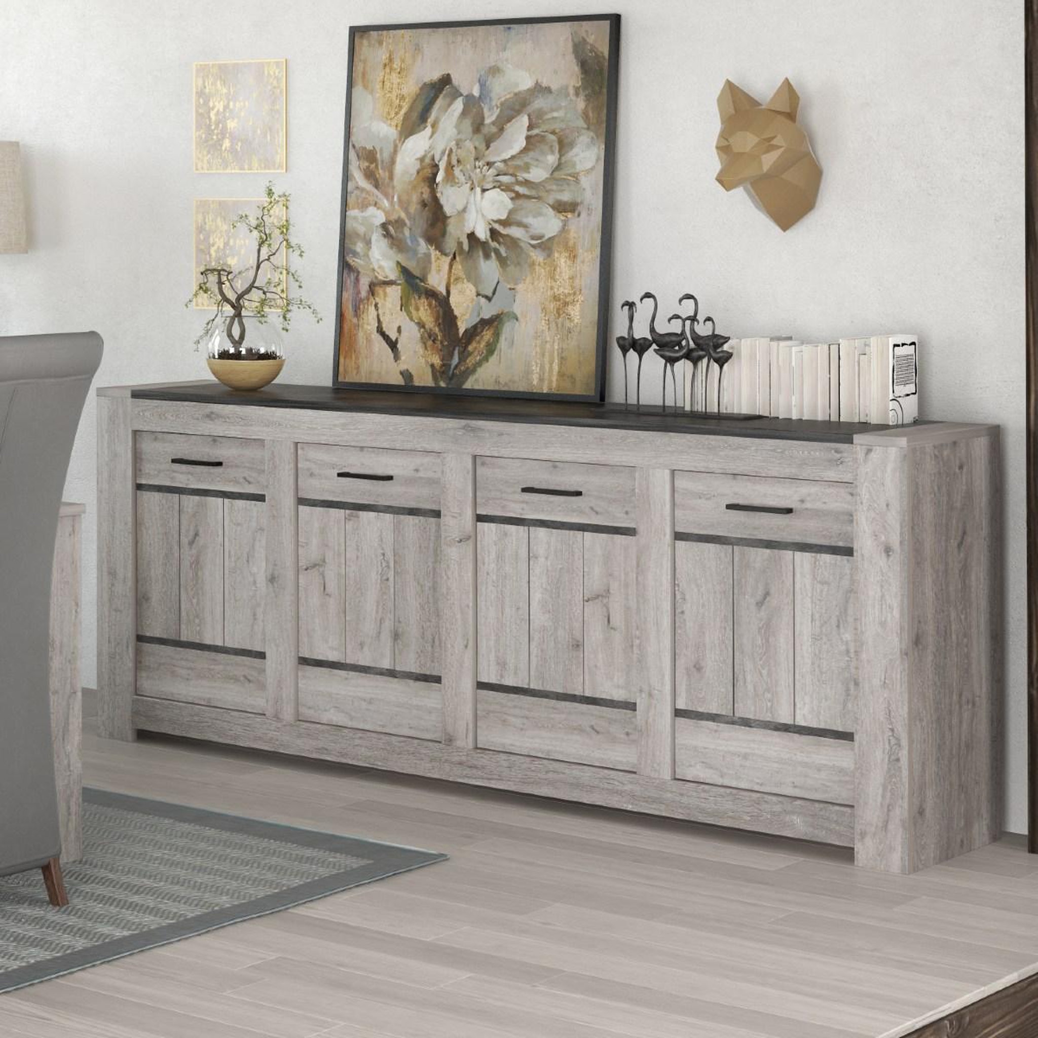 Voir la diapositive 4 : JLC KREATION Buffet bas moderne chêne gris 4 portes MAYA