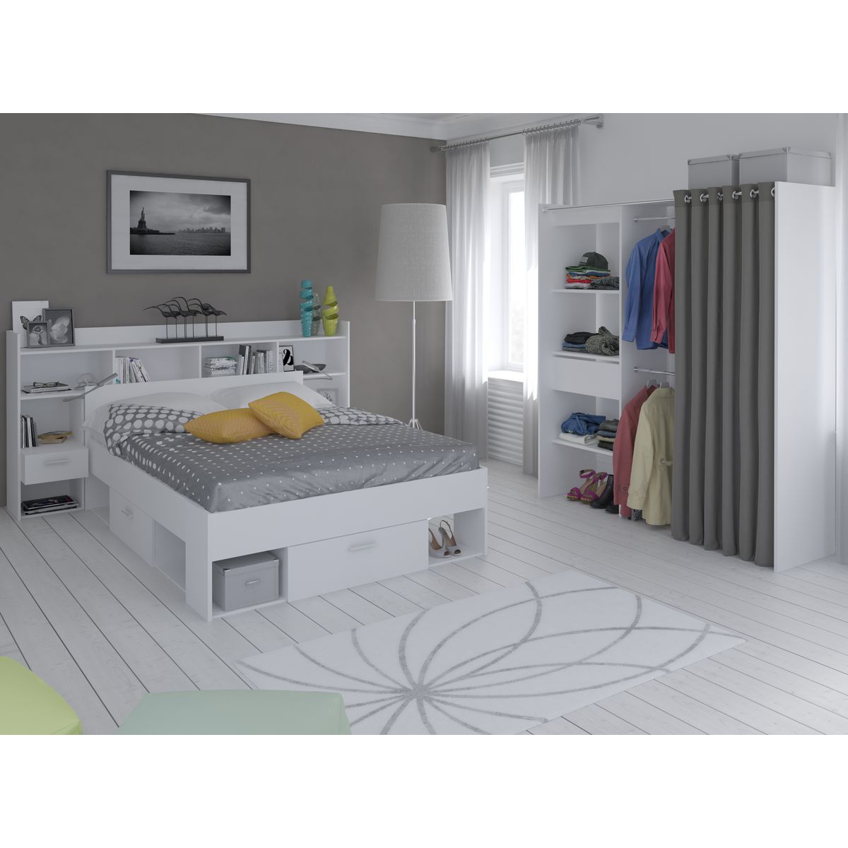 Lit+tête de lit avec rangements LIMA, couchage 140x190/200cm