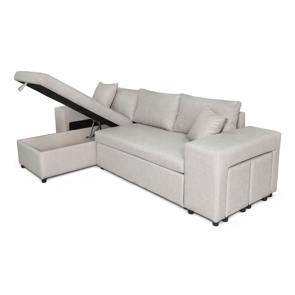 Canapé d'angle convertible avec coffre 3 places + 2 poufs à droite et étagère à gauche MACHA