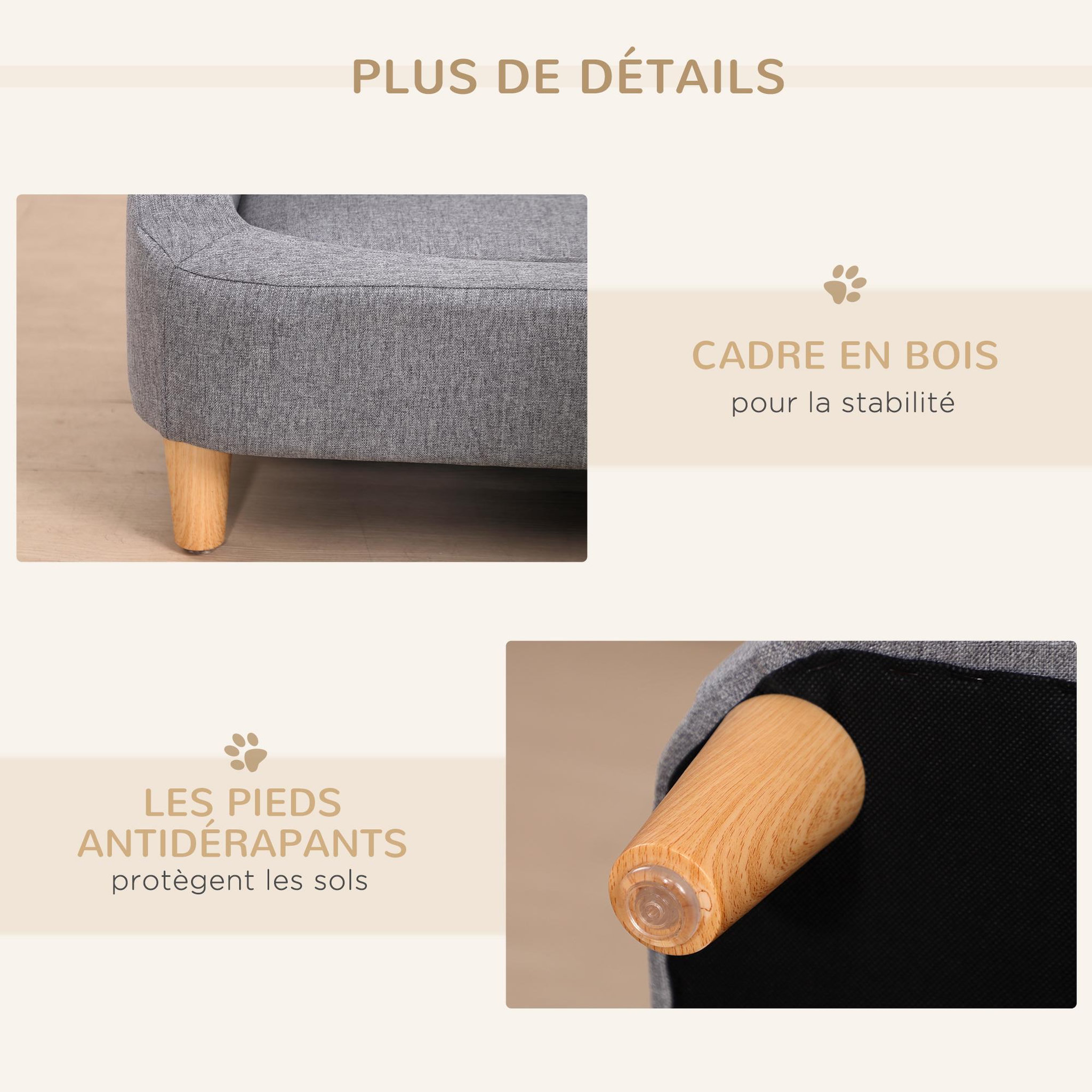 Voir la diapositive 6 : PAWHUT Canapé chien lit pour chien design scandinave déhoussable dim. 75l x 55l x 39h cm pieds bois tissu polyester gris
