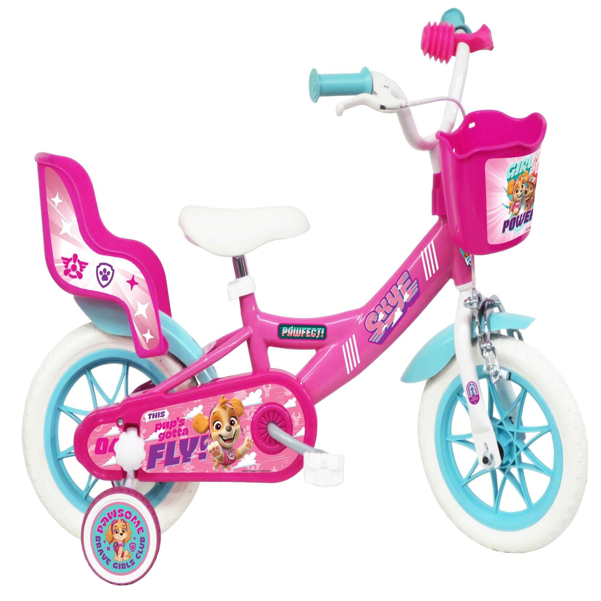 Nickelodeon Vélo enfant (85/100 cm) - Modèle 12'' Pat Patrouille à l'effigie de Stella avec stabilisateurs - Panier avant - Porte poupée - 1 frein et roues bâtons