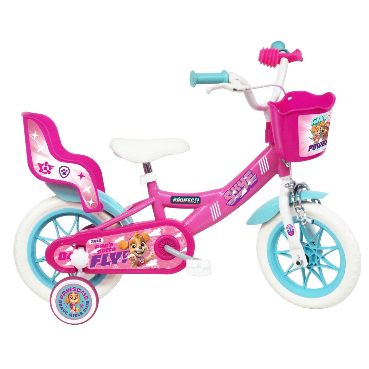 Nickelodeon Vélo enfant (85/100 cm) - Modèle 12'' Pat Patrouille à l'effigie de Stella avec stabilisateurs - Panier avant - Porte poupée - 1 frein et roues bâtons