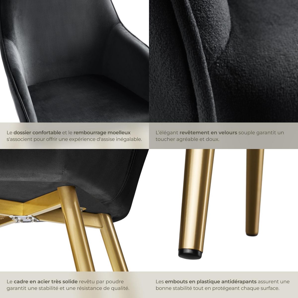 tectake Chaise rembourrée aspect velours noir/or Lot de 6