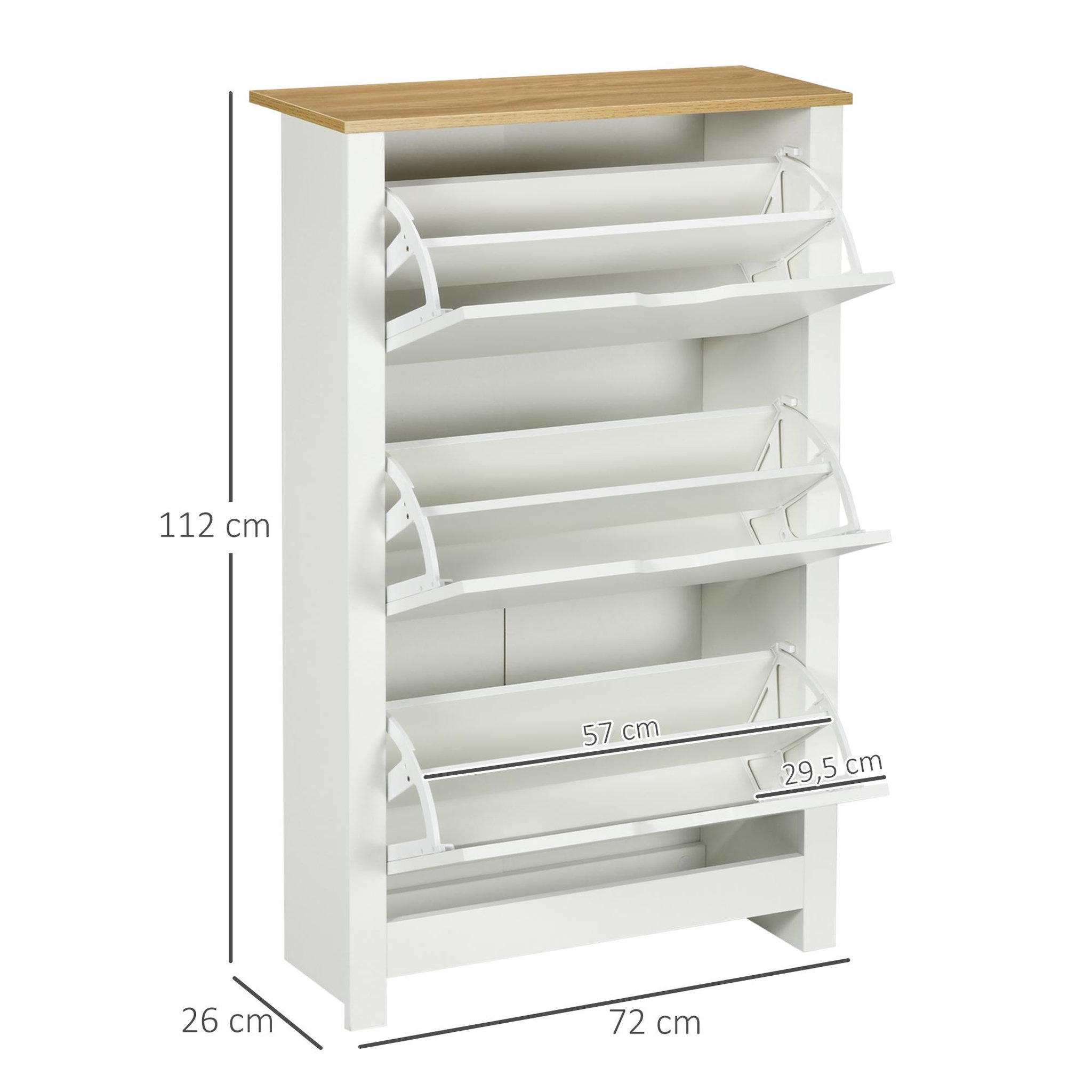 Voir la diapositive 5 : HOMCOM Armoire à chaussures 3 portes abattantes 2 compartiments panneaux particules blanc chêne
