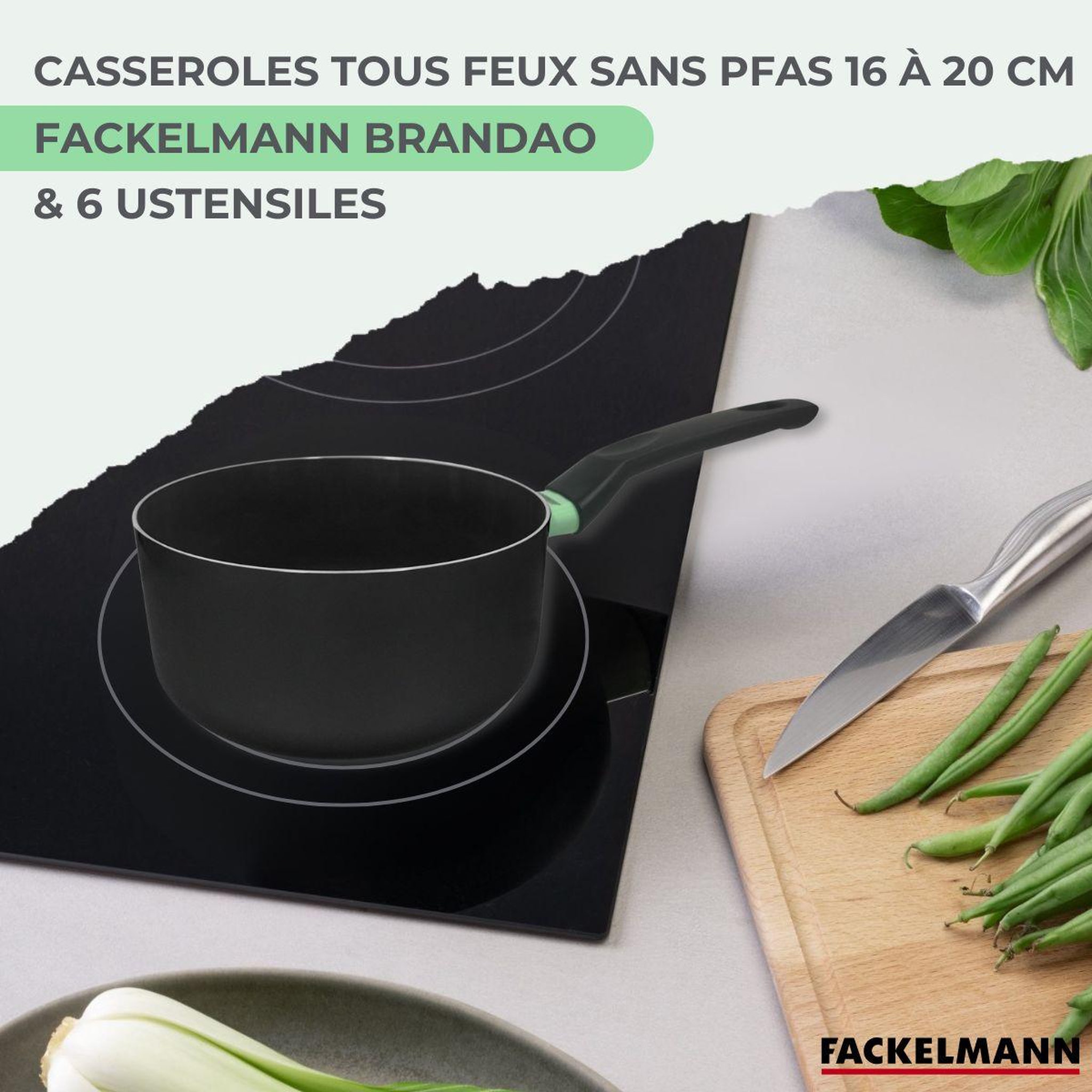Voir la diapositive 2 : Fackelmann Set de 3 casseroles antiadhésives céramique 16, 18 et 20 cm et 6 ustensiles Fackelmann Brandao