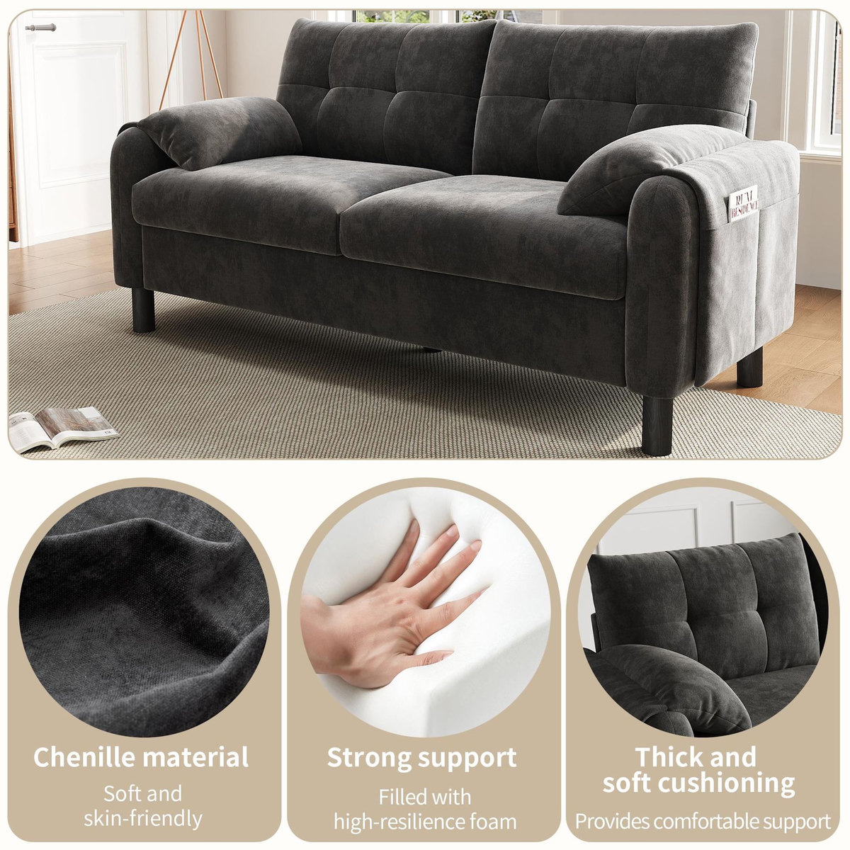 MERAX Canapé droit fixe 2 places tissu