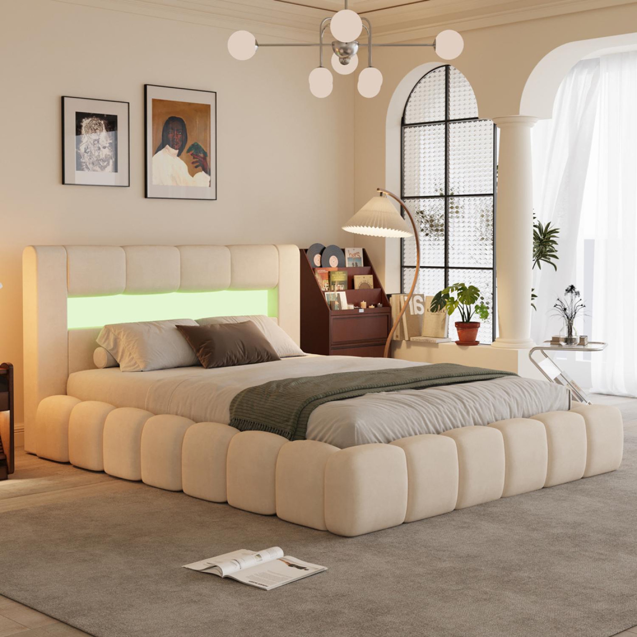Voir la diapositive 3 : CONCEPT USINE Lit coffre led style nuage 180x200cm en velours beige avec tête de lit et sommier omaha