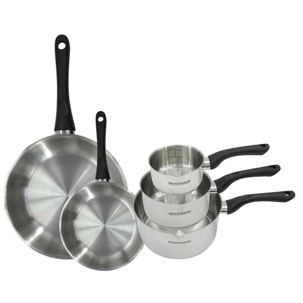Fackelmann Set 2 poêles 20 et 28 cm et 3 casseroles 12 16 et 20 cm en inox Fackelmann Geneva