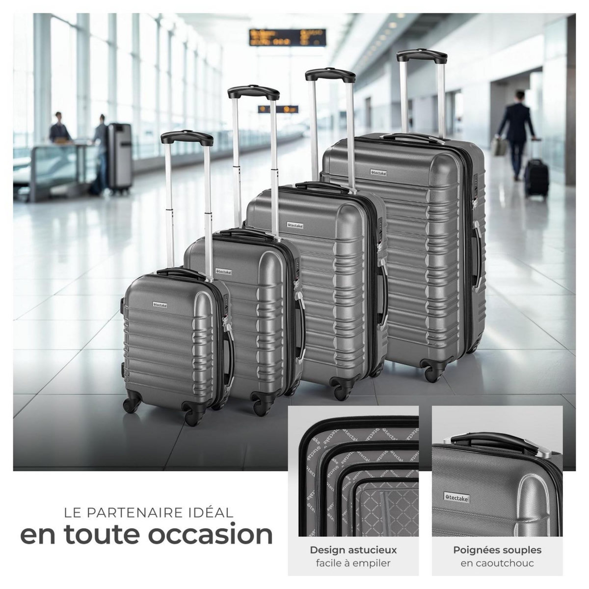 tectake Set de valises trolley rigides 4 parties, en plastique ABS robuste gris
