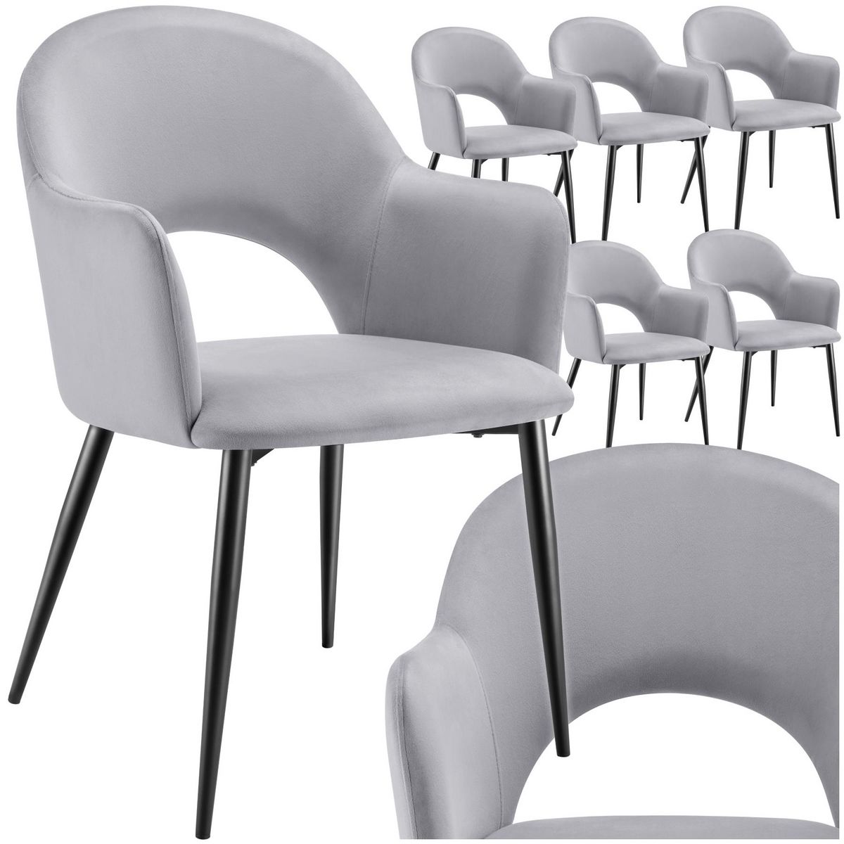 tectake Fauteuil en velours et rembourré gris clair Lot de 6