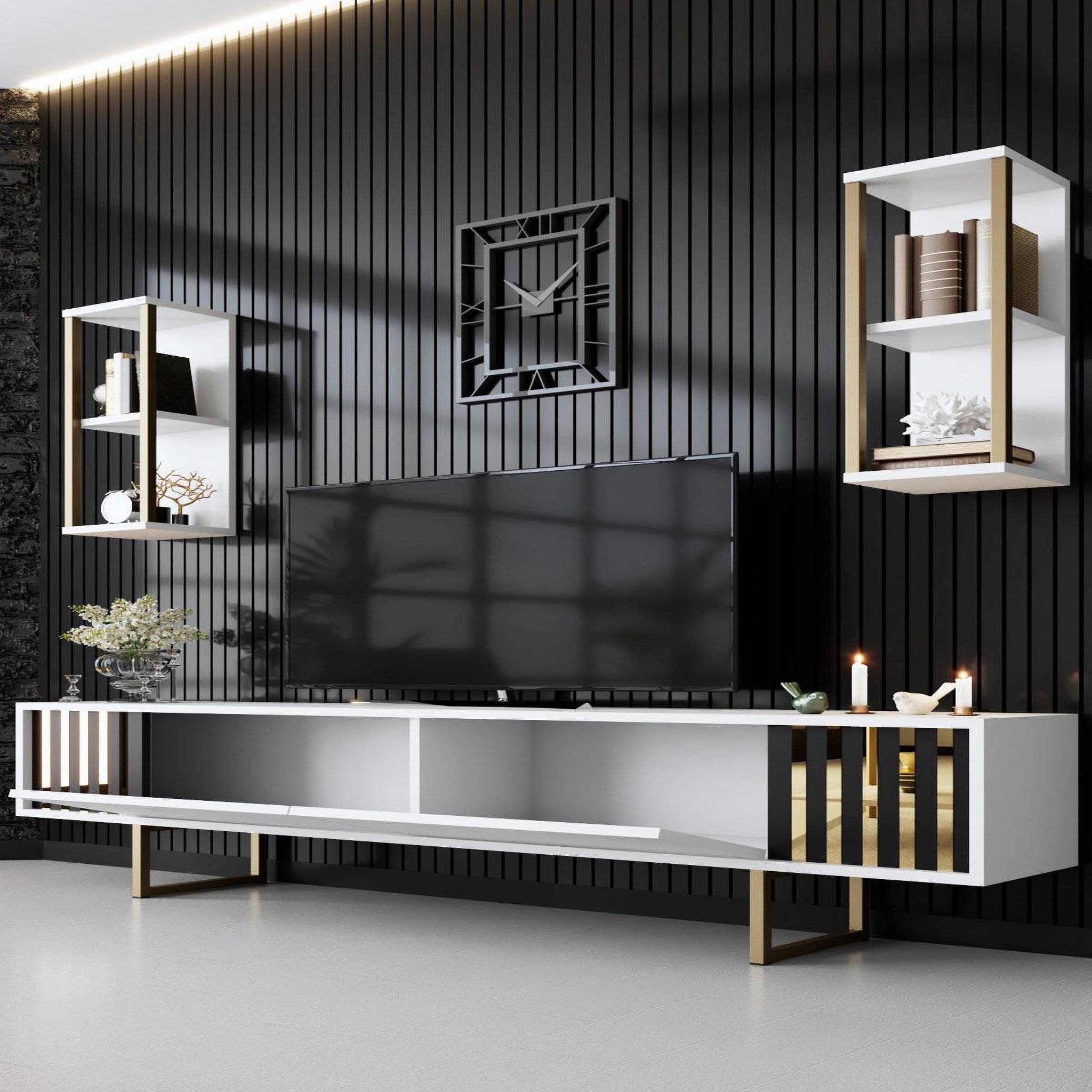 Voir la diapositive 4 : Habitat et Jardin Meuble tv en bois  gold line  - 180 x 30 x 48 cm - blancnoir