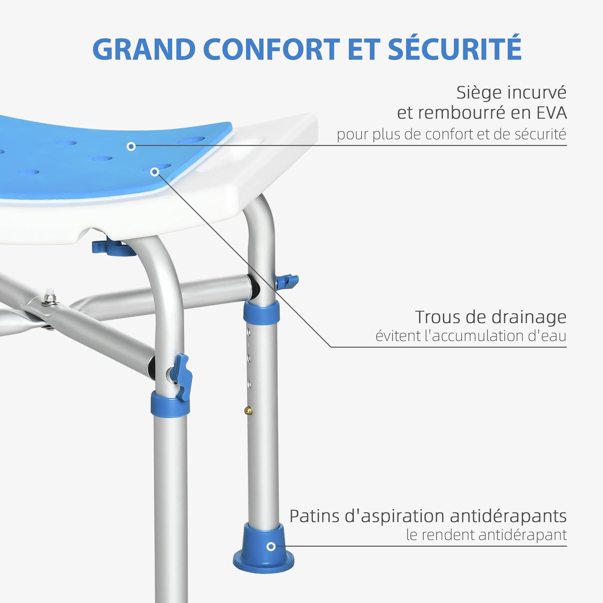 Voir la diapositive 4 : HOMCOM Siège de douche réglable en hauteur tabouret de douche ergonomique pieds antidérapants charge max. 150 kg alu hdpe blanc bleu