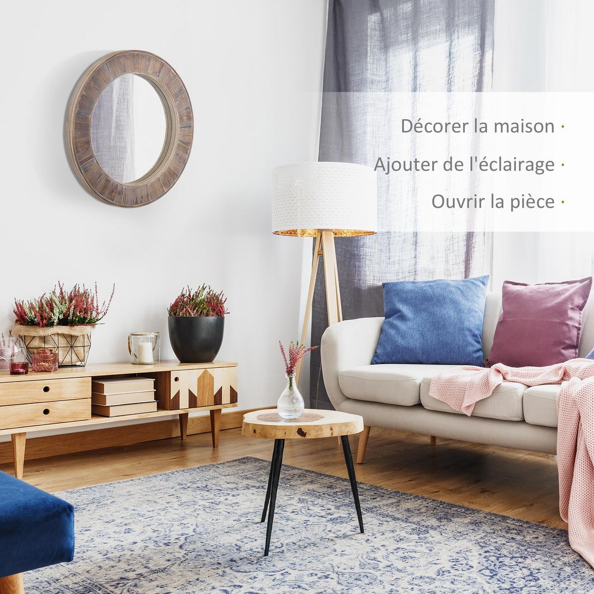 HOMCOM HOMCOM Miroir rond mural en bois de pin style naturel Ø 79 cm