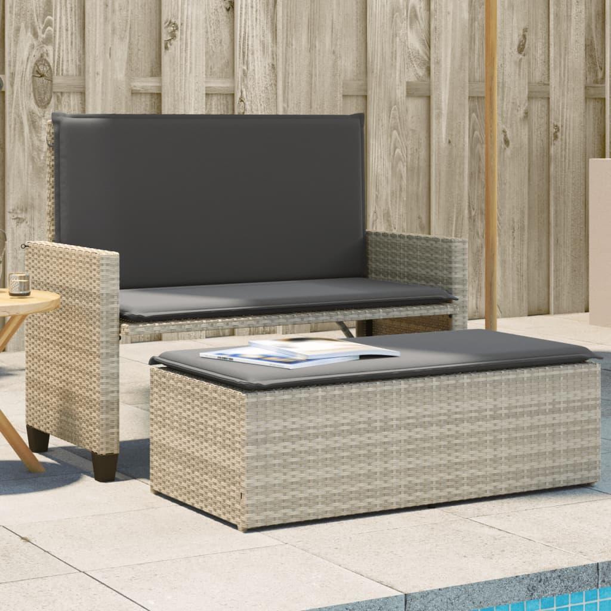 VIDAXL Banc de jardin et coussins et repose-pied gris clair poly rotin