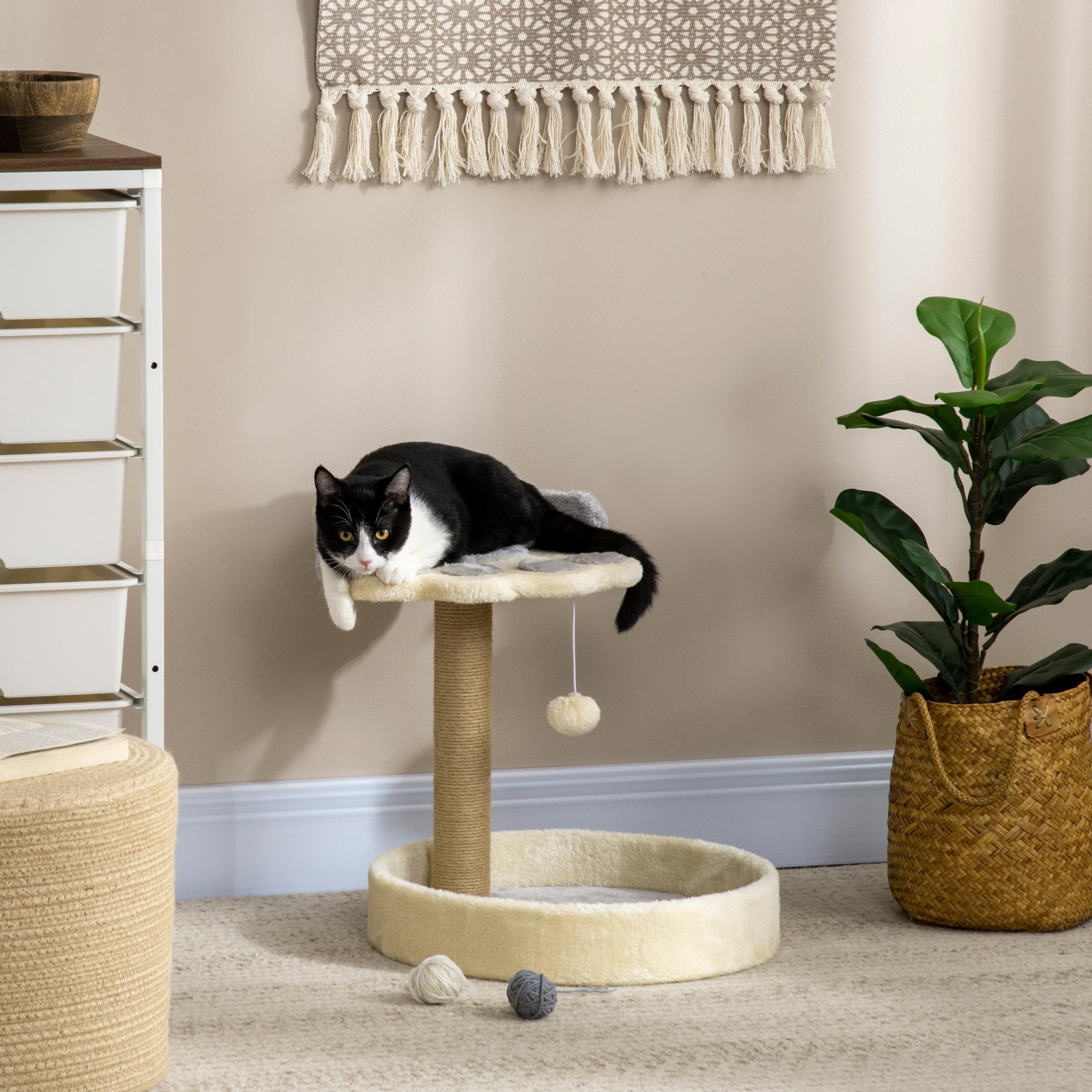 Voir la diapositive 2 : PAWHUT Arbre à chat griffoir design patte de chat jeu boule suspendue panier plateforme observation peluche beige gris jute naturelle
