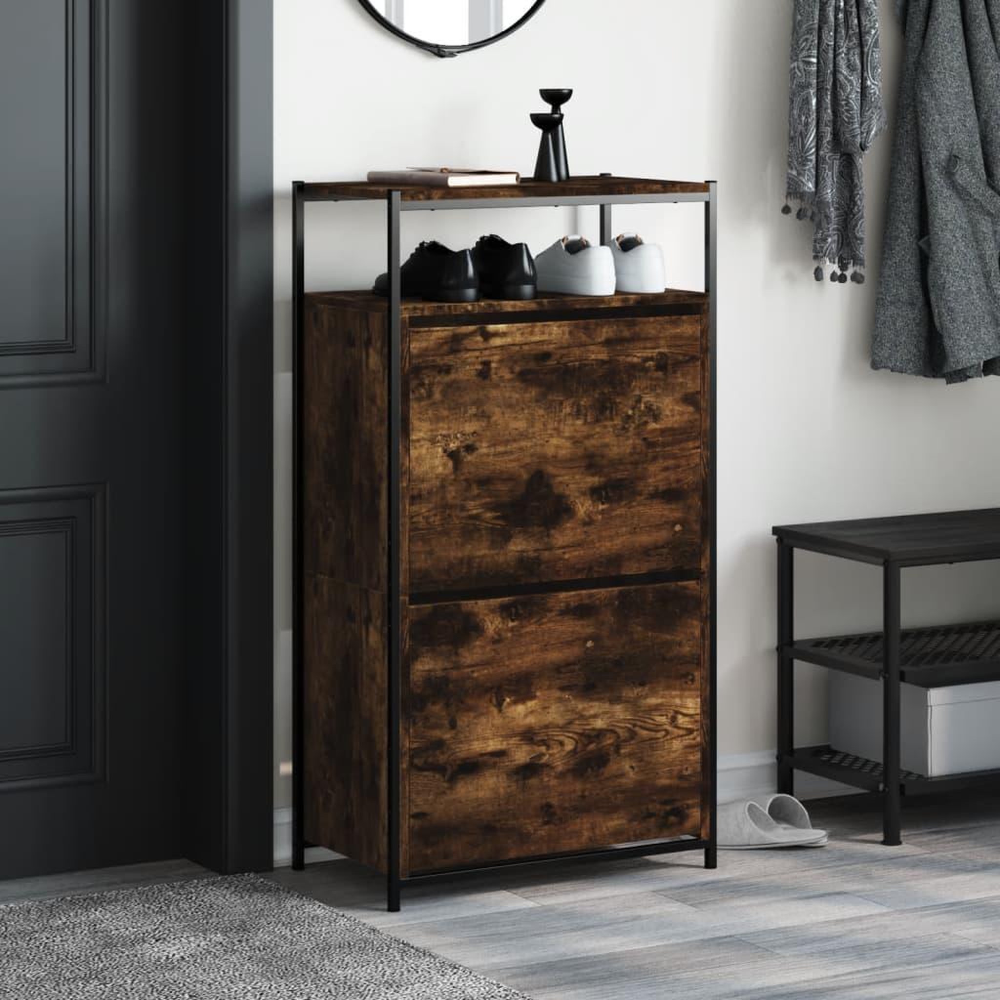 Voir la diapositive 3 : VIDAXL Armoire a chaussures chene fume 60x34x112 cm bois d'ingenierie