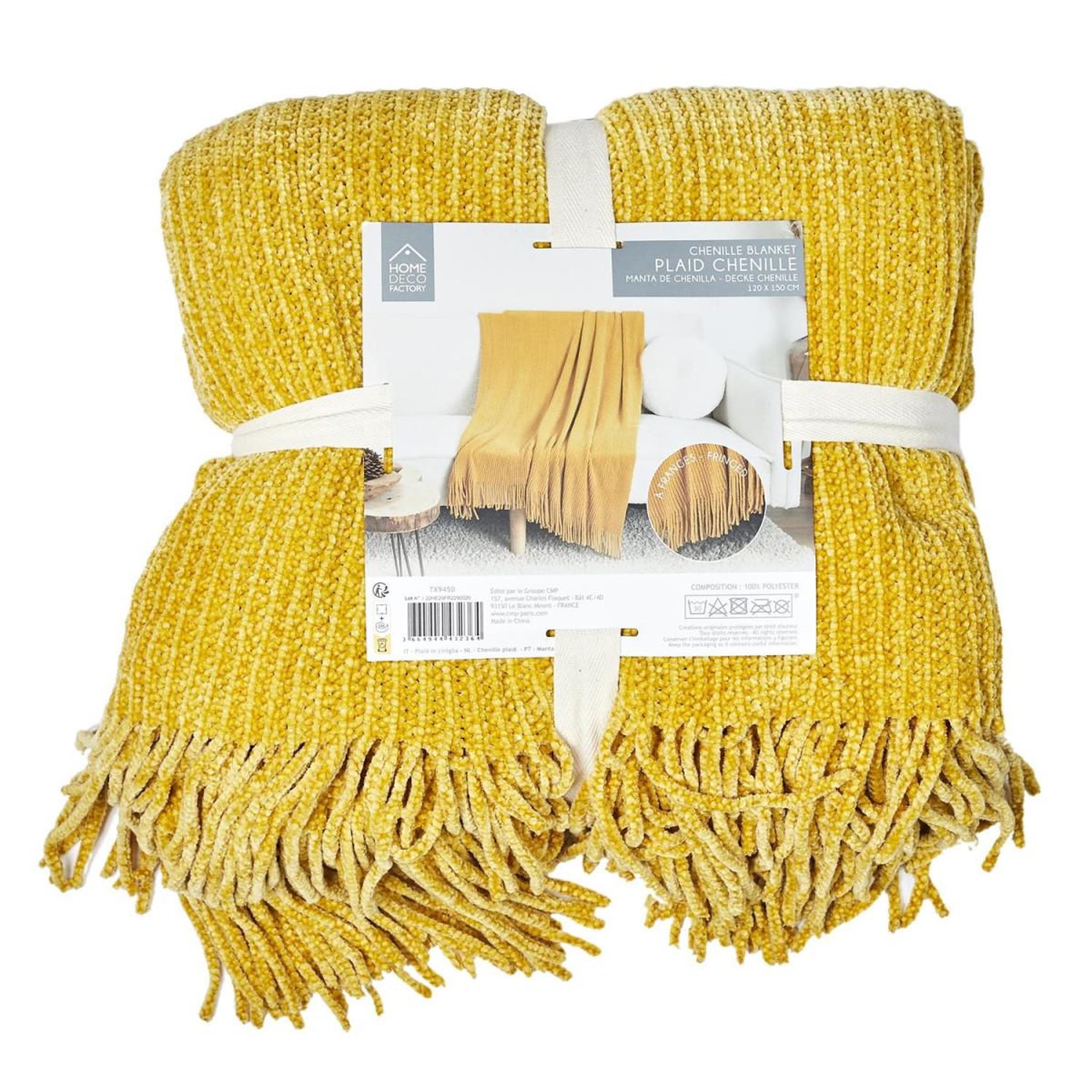 Voir la diapositive 6 : The Home Deco Factory Plaid chenille  franges  120x150cm moutarde