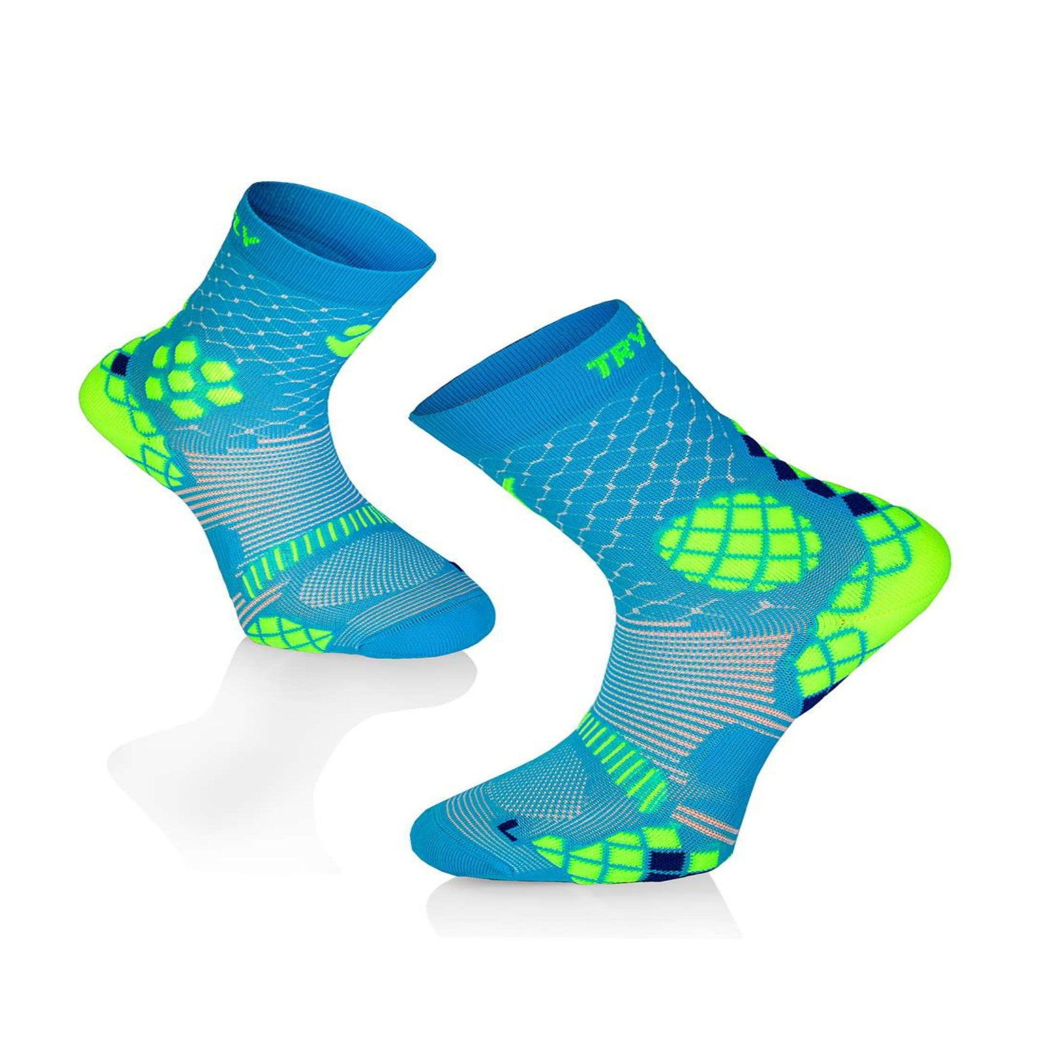 TRY TO FLY Chaussettes compression turquoise & jaune. Coloris disponibles : Multicolore