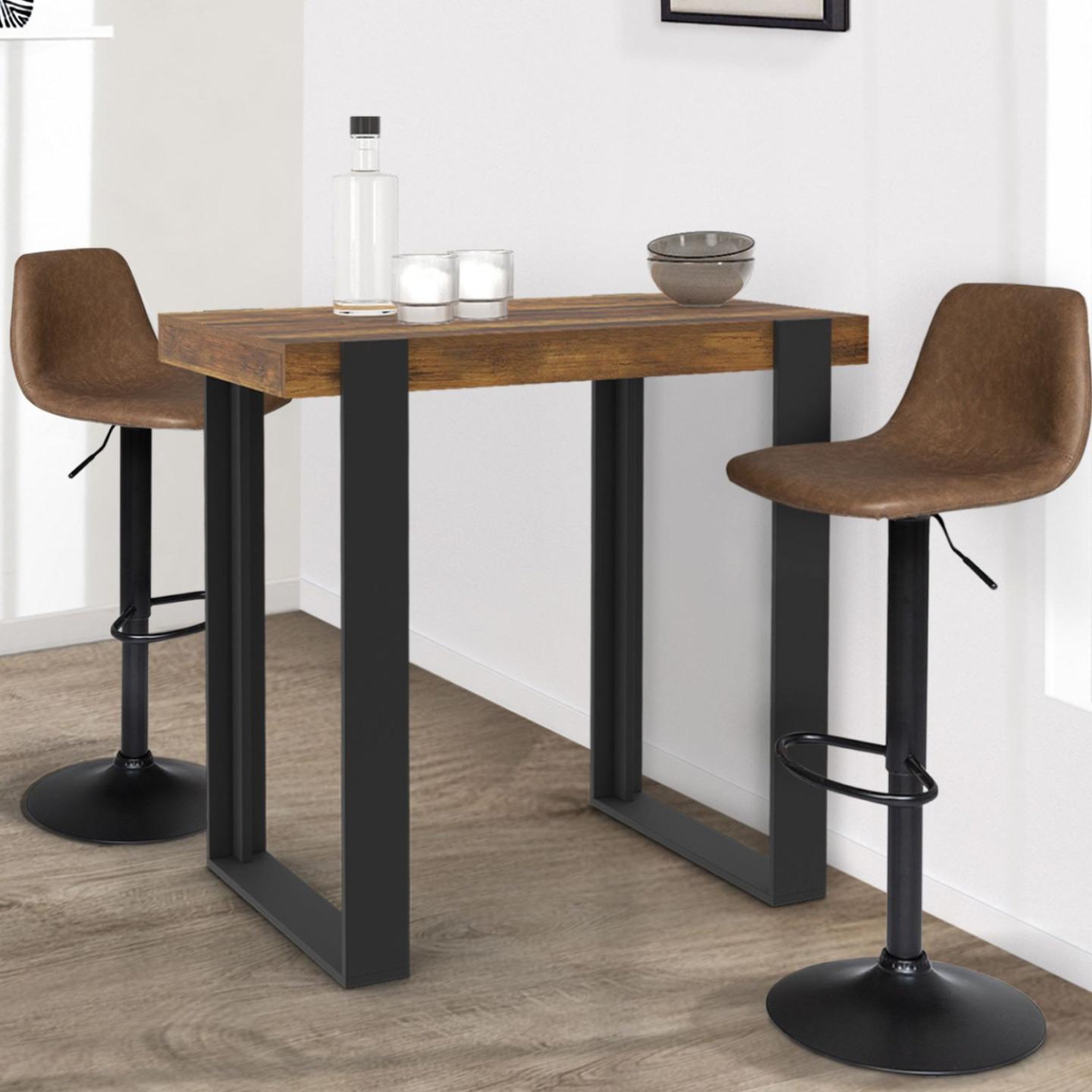 Voir la diapositive 2 : ID MARKET Table haute de bar phoenix bois foncé effet vieilli et noir 90 cm