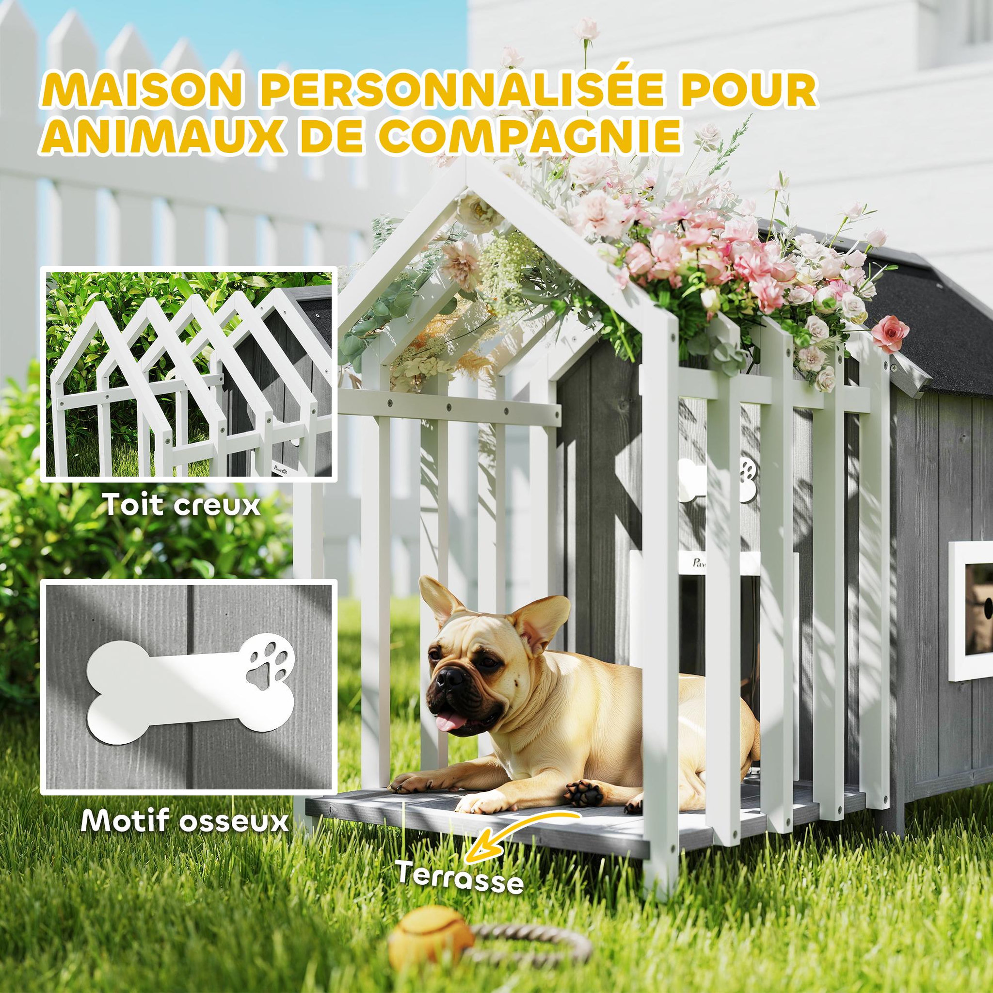 Voir la diapositive 5 : PAWHUT Niche villa pour chien sur pied - terrasse, claustra, auvent, porte, fenêtre, toit bitumé - bois blanc gris