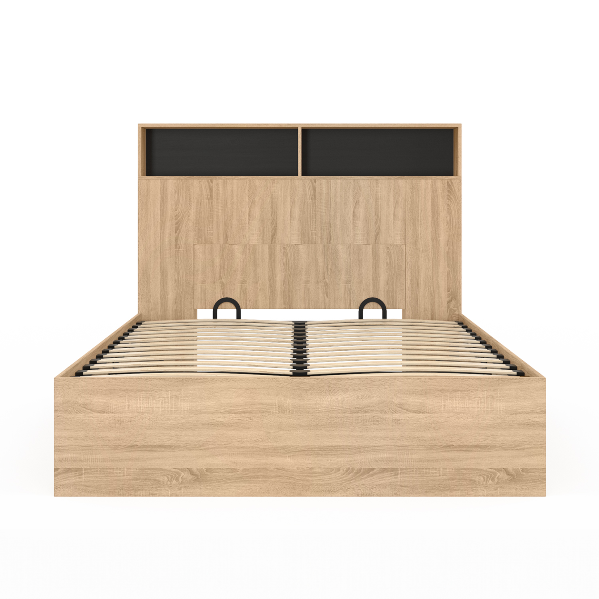 Voir la diapositive 3 : ID MARKET Lit coffre double clyde avec tête de lit + rangements et sommier 140 x 190 cm façon hêtre et noir