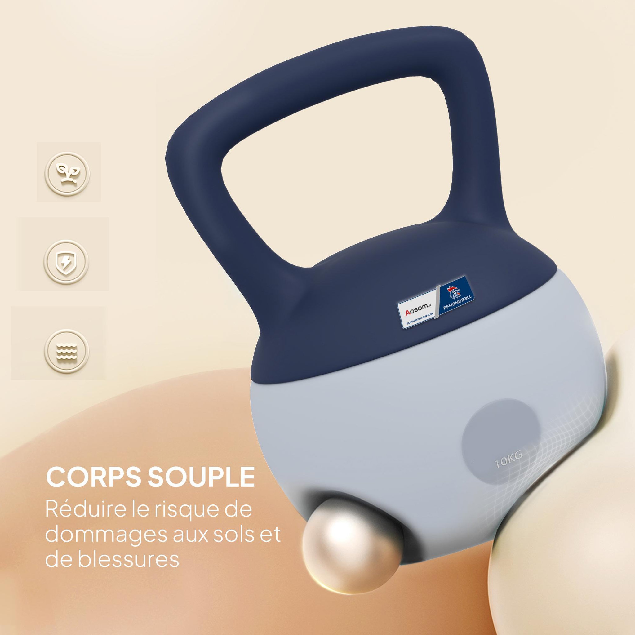 Voir la diapositive 4 : HOMCOM Kettlebell 10 kg collaboration aosom.fr x ffhandball - prise ergonomique - pvc gris jaune