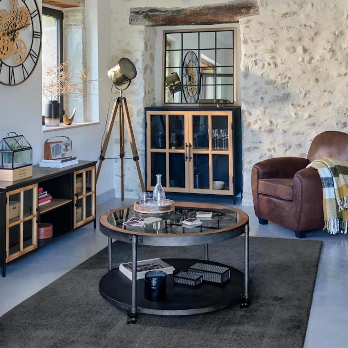 ATMOSPHERA Table Basse Ronde en Métal  Chrono  89cm Noir