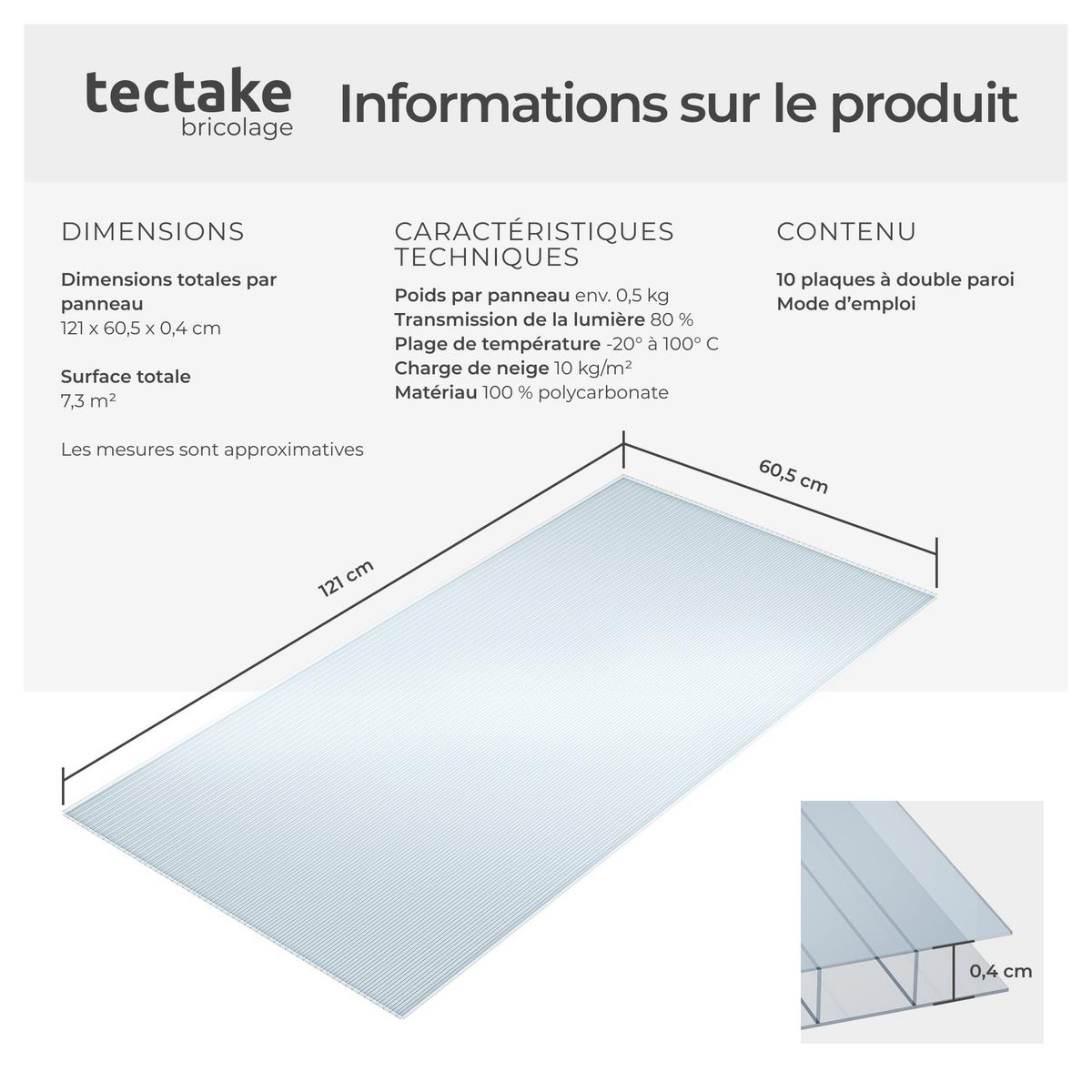 tectake Lot de 10 plaques doubles paroi 7,32 m² surface totale découpable blanc transparent