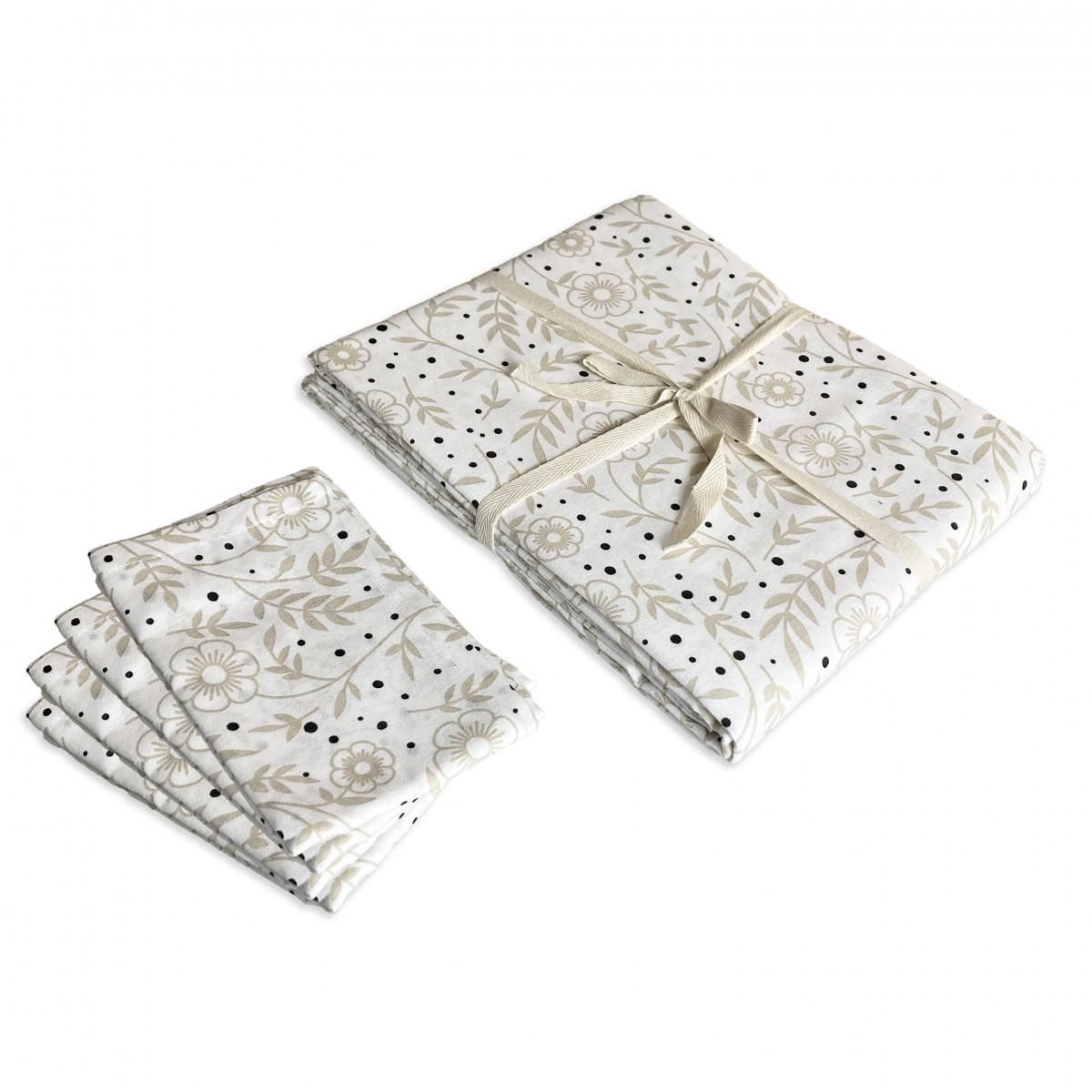 FUTURE HOME Lot nappe rectangle + 4 serviettes de table déperlante floral 140x240cm VERONE