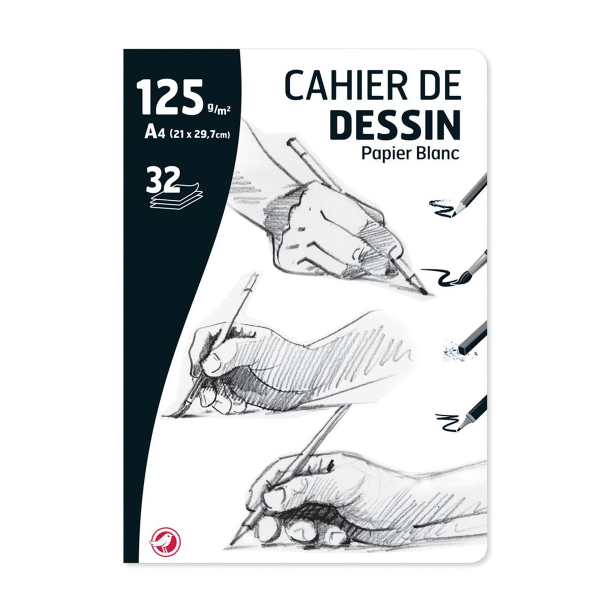 AUCHAN Cahier de papier à dessin 32 feuilles A4 32 pages 125g/m2 blanc uni
