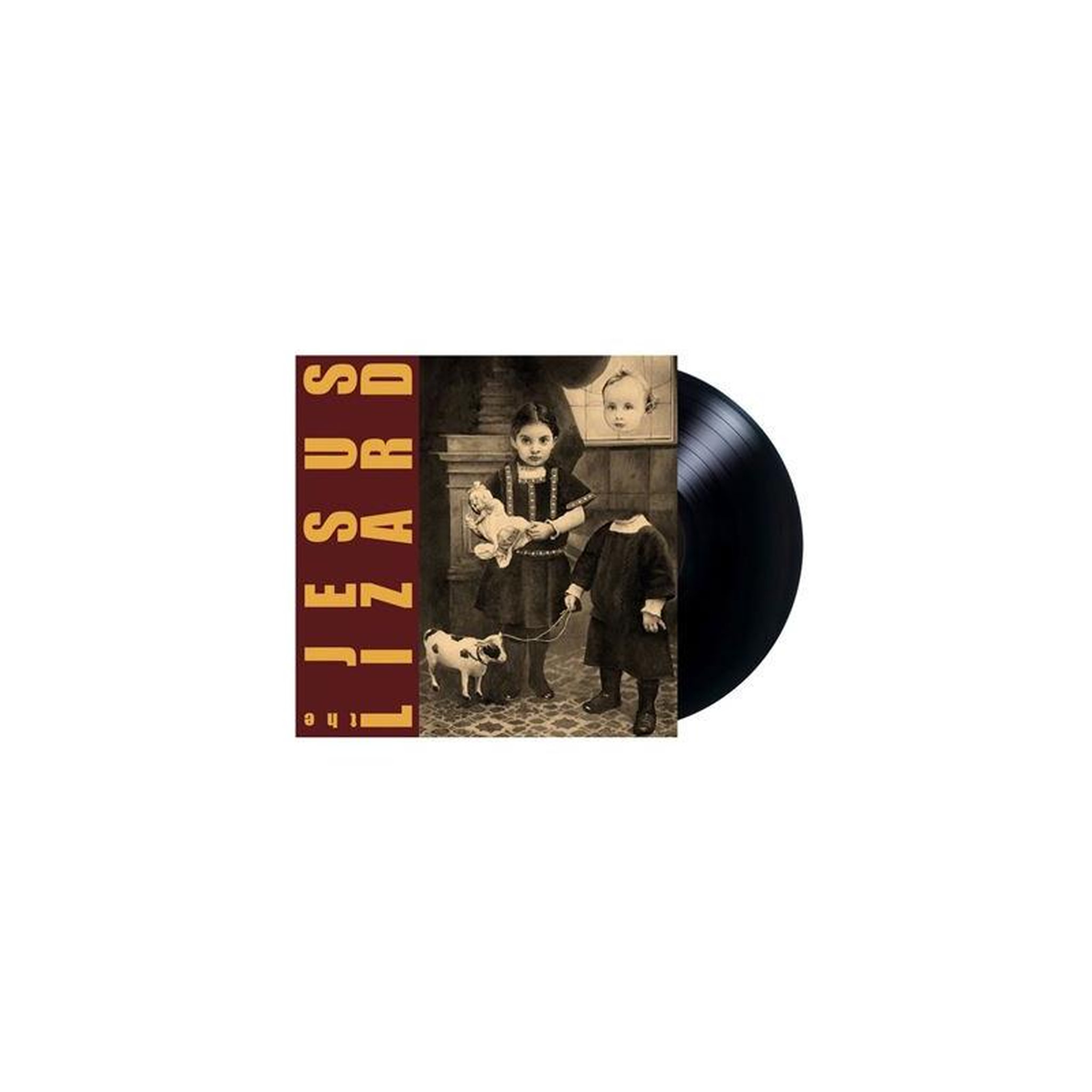 Album vinyle en pochette beige avec collage photo de personnes et chien, typographie verticale brun