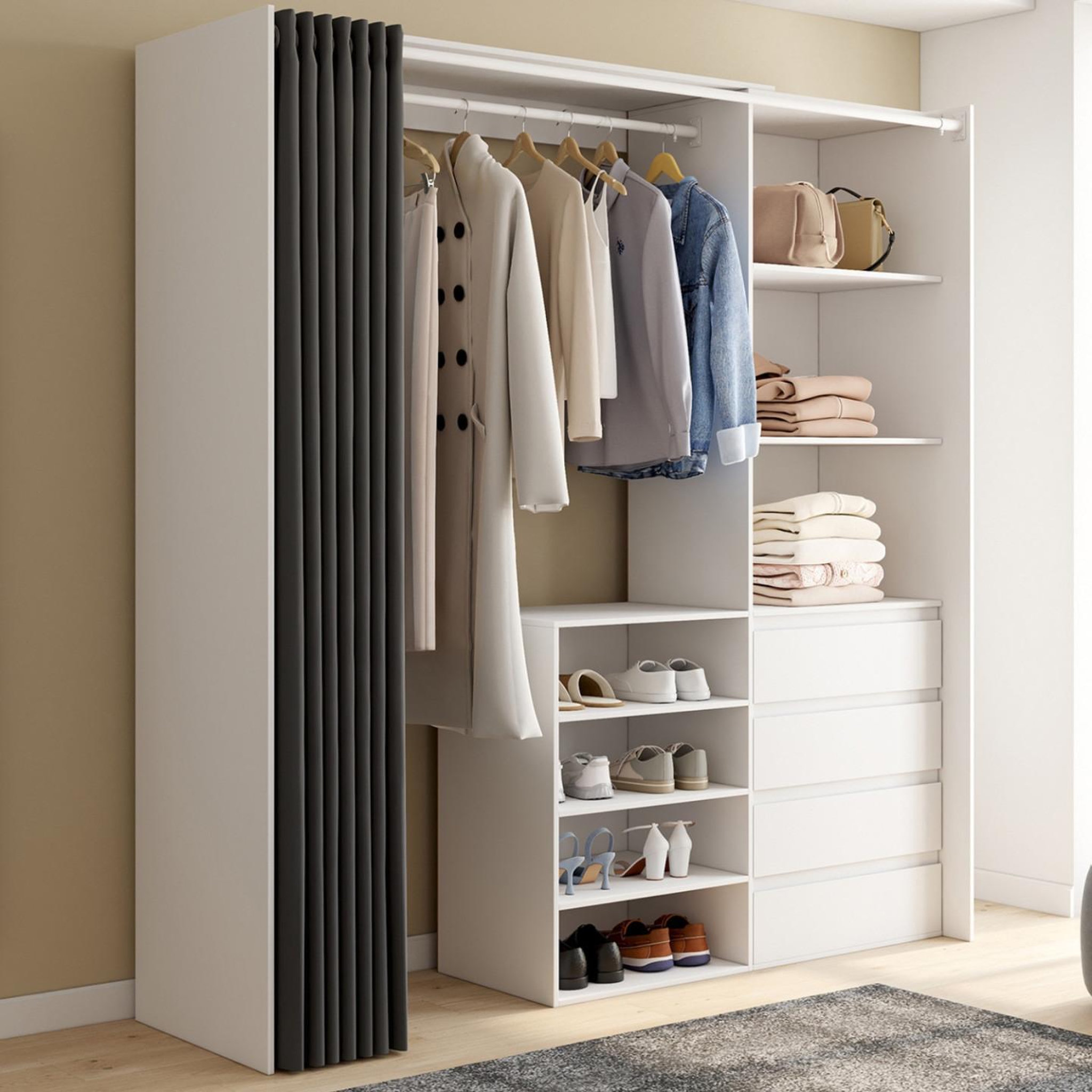 Voir la diapositive 2 : ID MARKET Dressing extensible xxl marty 120/170 x 50 x 180 cm blanc avec 4 tiroirs + étagères + penderie + rideau gris