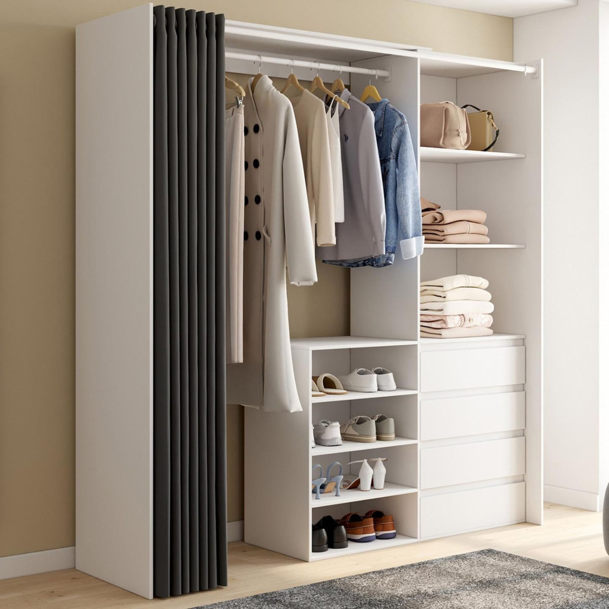 ID MARKET Dressing extensible XXL MARTY 120/170 x 50 x 180 cm blanc avec 4 tiroirs + étagères + penderie + rideau gris